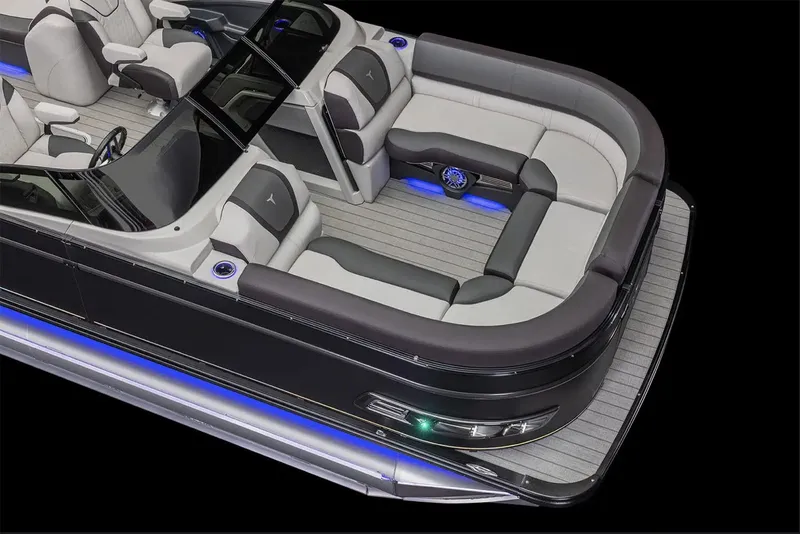 Slide: The Image of Manufacturer Provided Image: 2025 Tahoe Pontoon Cascade Quad Lounger with sleek seating and ambient lighting. - 4