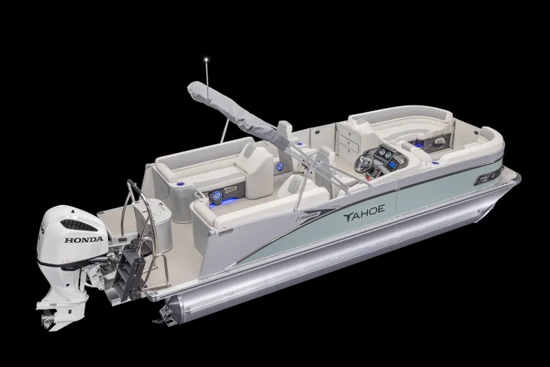 Slide: The Image of The image shows a modern pontoon boat with a Honda outboard motor and luxurious seating. - 12