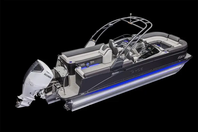 Slide: The Image of Manufacturer Provided Image: 2025 Tahoe Pontoon Cascade Quad Lounger with Honda engine, sleek design, and blue LED lighting. - 10