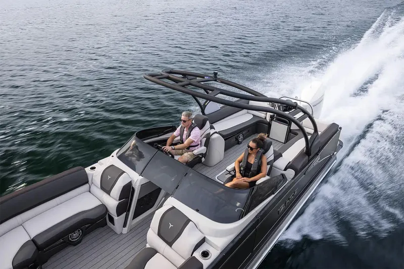Slide: The Image of Manufacturer Provided Image: 2025 Tahoe Pontoon Cascade Quad Lounger cruising on open water. - 3