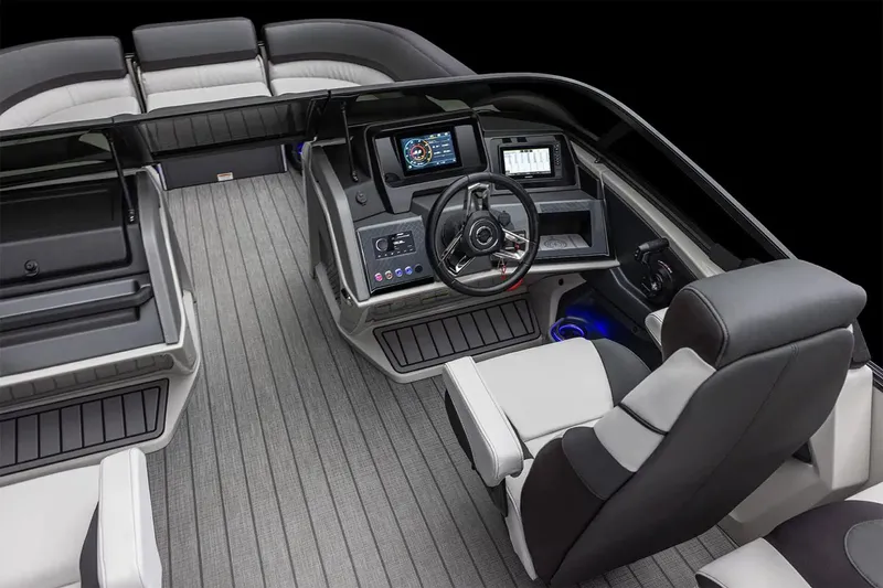 Slide: The Image of Manufacturer Provided Image: 2025 Tahoe Pontoon Cascade Quad Lounger interior with modern dashboard and seating. - 6