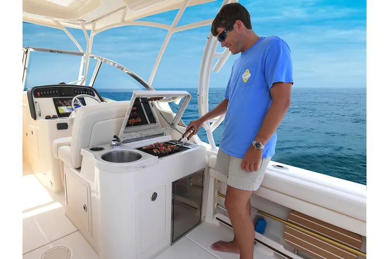 Slide: The Image of Manufacturer Provided Image: Man grilling on a 2017 Grady-White Freedom 307 boat. - 13