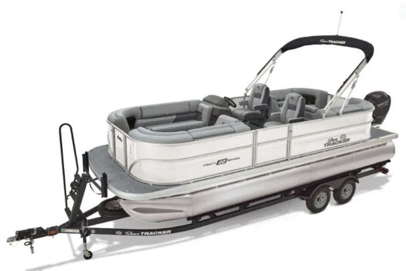 The Image of 2027 Sun Tracker Party Barge 22 DLX pontoon boat on trailer, side view. - 1