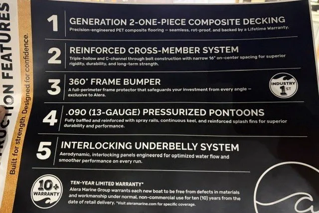Slide: The Image of Alera A24Q 2027 features: composite decking, reinforced cross-member, 360° frame bumper, pressurized pontoons, interlocking underbelly. - 9