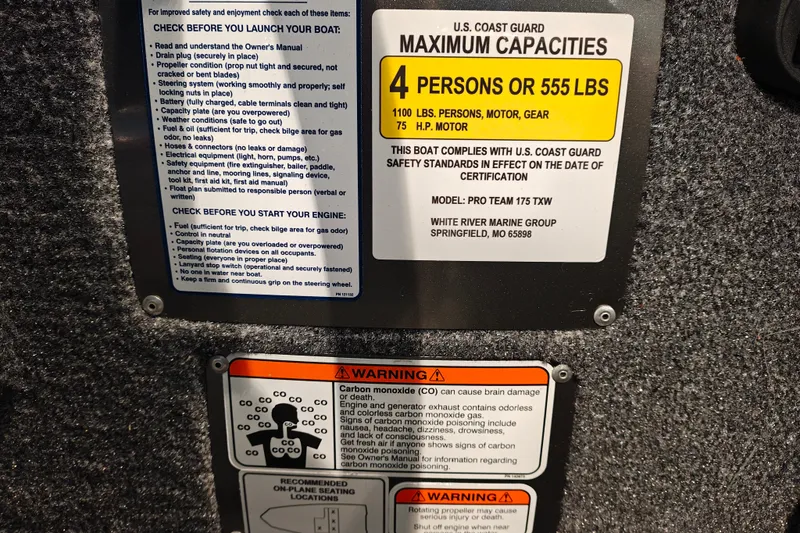 Slide: The Image of Tracker Pro Team 175 boat capacity and safety warnings, 2027 model, U.S. Coast Guard compliance. - 14