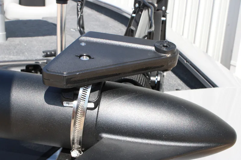 Slide: The Image of Close-up of a 2027 Tracker Pro Team 175 boat component, featuring a sleek black design. - 13
