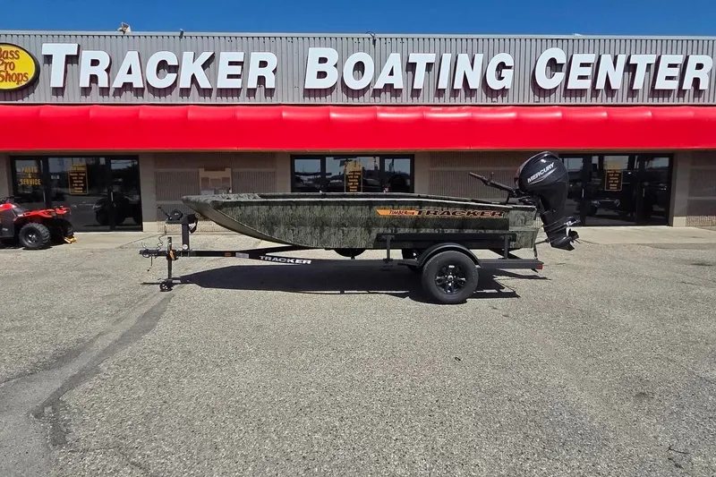 The Image of 2027 Tracker Grizzly 1553 Timber boat at Tracker Boating Center, featuring Mercury outboard motor. - 0