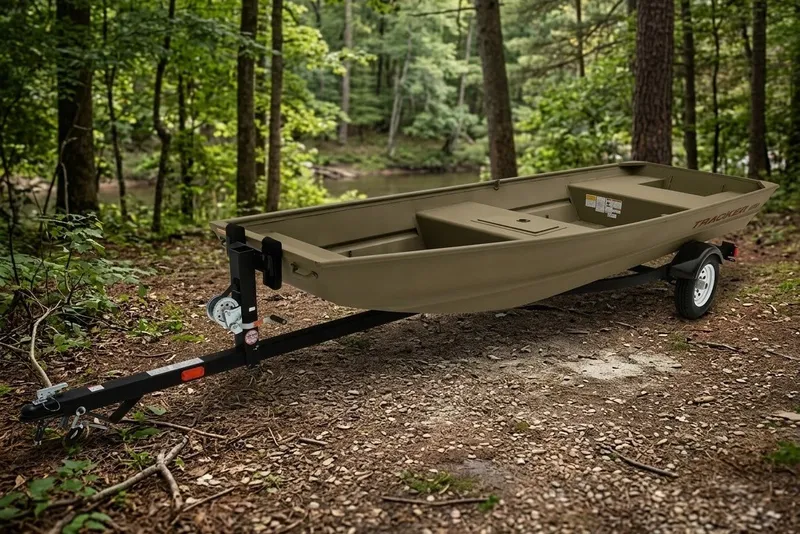 The Image of 2027 Tracker Grizzly 15 Jon boat on trailer in forest setting. - 0