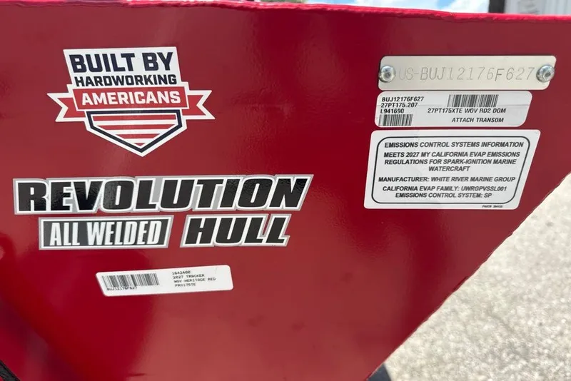 Slide: The Image of 2027 Tracker Pro Team 175 boat with "Revolution All Welded Hull" and emissions information. - 46