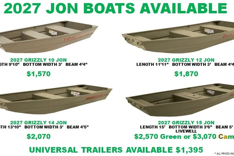 The Image of 2027 Tracker Grizzly Jon boats lineup with prices and specifications displayed. - 0