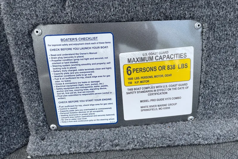 Slide: The Image of 2027 Tracker Pro Guide V-175 Combo capacity label, U.S. Coast Guard compliance, 6 persons or 838 lbs. - 36