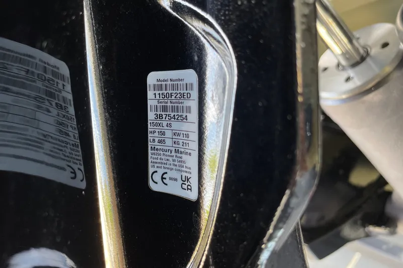 Slide: The Image of Close-up of Mercury Marine engine label on 2027 Tracker Pro Guide V-175 Combo. - 77