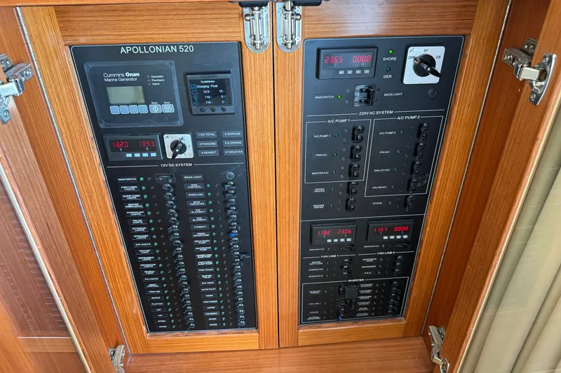 Slide: The Image of Electrical control panel on 2023 Apollonian Yachts 52 Pilothouse, featuring various switches and displays. - 38