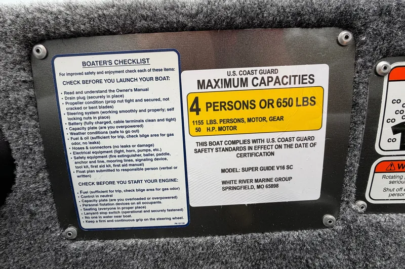 Slide: The Image of 2027 Tracker Super Guide V-16 SC boat capacity and safety checklist, U.S. Coast Guard compliance. - 18