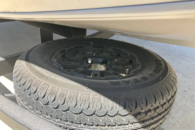 Slide: The Image of 2027 Tracker Pro Team 175 trailer tire, black rim, parked on concrete surface. - 13