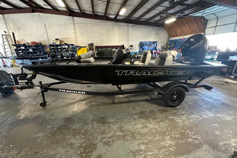 The Image of 2027 Tracker Pro Team 175 boat in a workshop, side view. - 0