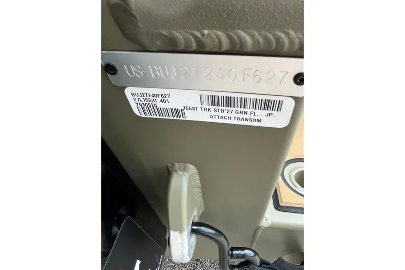 Slide: The Image of Serial number plate on 2027 Tracker Grizzly 1553 Timber boat transom. - 43