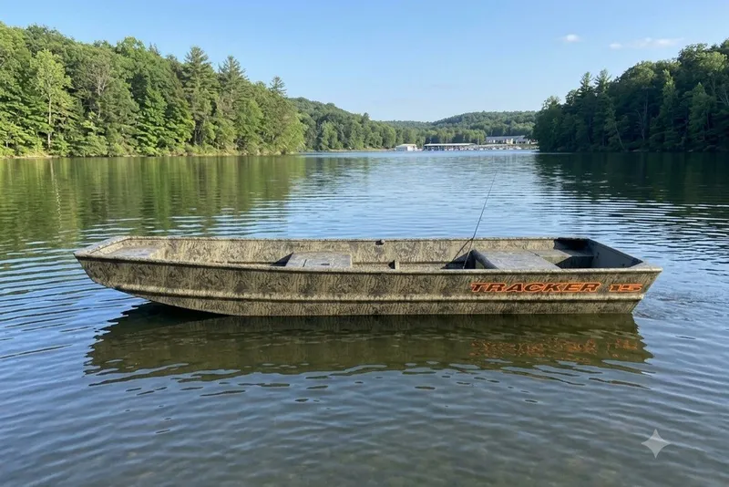 The Image of 2027 Tracker Grizzly 15 Jon boat on a serene lake with forested shoreline. - 0