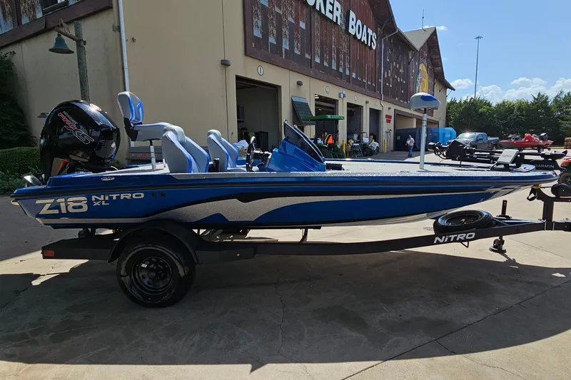 Slide: The Image of 2027 Nitro Z18 XL Pro boat in blue, parked outside a dealership. - 5
