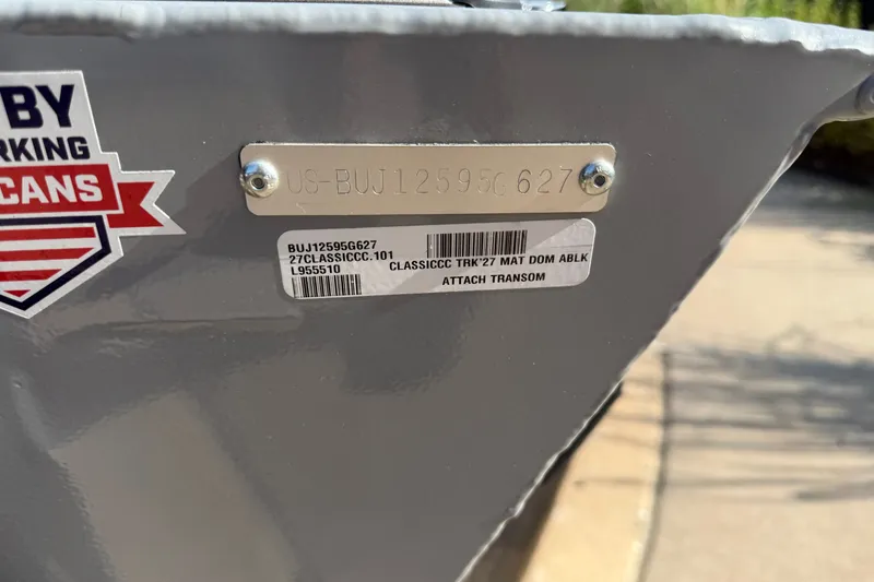 Slide: The Image of 2027 Tracker Bass Tracker Classic CC boat identification plate and sticker details. - 47