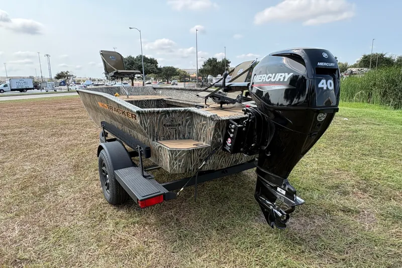 Slide: The Image of 2027 Tracker Grizzly 1553 Timber boat with Mercury 40 engine on trailer. - 46