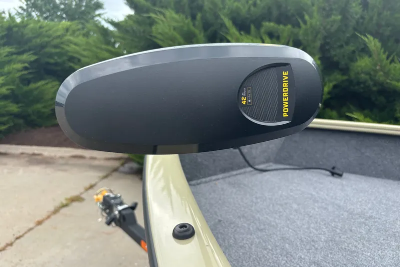 Slide: The Image of PowerDrive motor on 2027 Tracker Super Guide V-16 SC boat, outdoor setting. - 14
