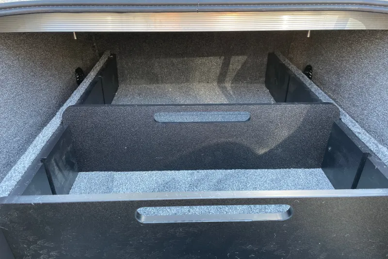 Slide: The Image of Storage compartment of 2027 Tracker Pro Team 175 boat, featuring carpeted interior and dividers. - 26