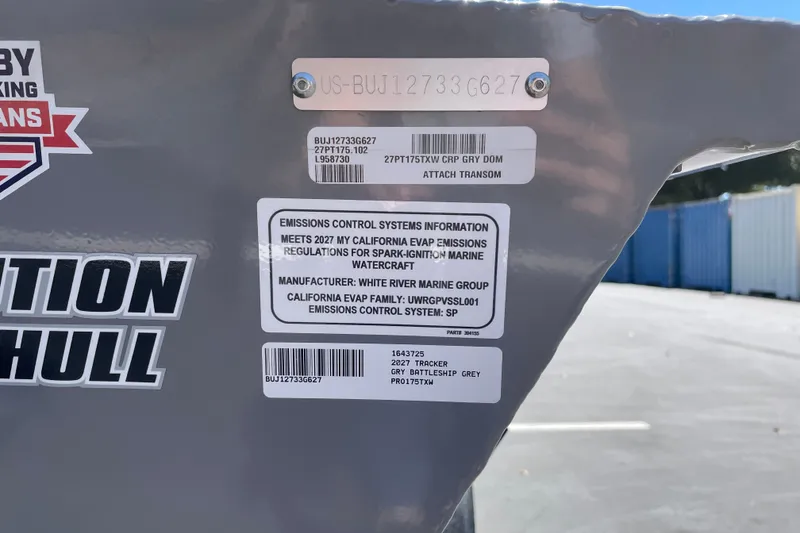 Slide: The Image of 2027 Tracker Pro Team 175 boat emissions label with compliance details. - 65