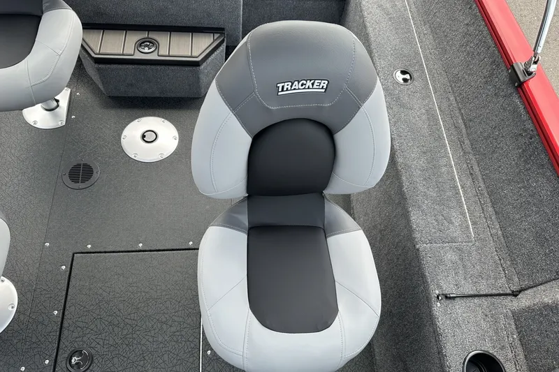 Slide: The Image of 2027 Tracker Pro Guide V-175 Combo boat seat, gray and black upholstery. - 18