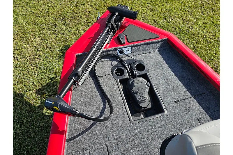 Slide: The Image of 2027 Tracker Pro Team 175 boat deck with trolling motor and foot pedal. - 19
