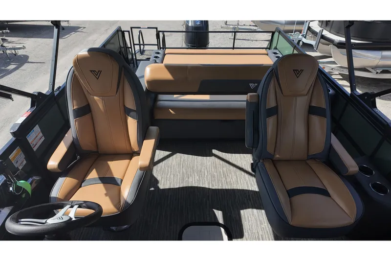 Slide: The Image of Luxurious interior of 2027 Viaggio X22S boat with tan leather seats and modern design. - 12