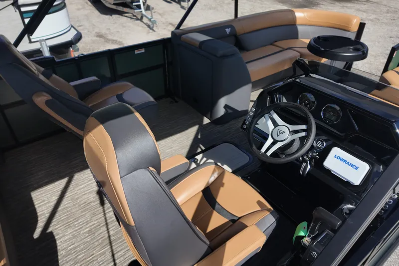 Slide: The Image of Luxurious interior of 2027 Viaggio X22S boat with modern steering and seating. - 4