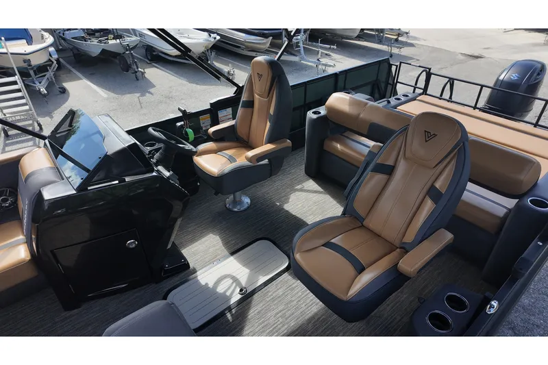 Slide: The Image of Luxurious interior of 2027 Viaggio X22S boat with tan leather seats and modern dashboard. - 8
