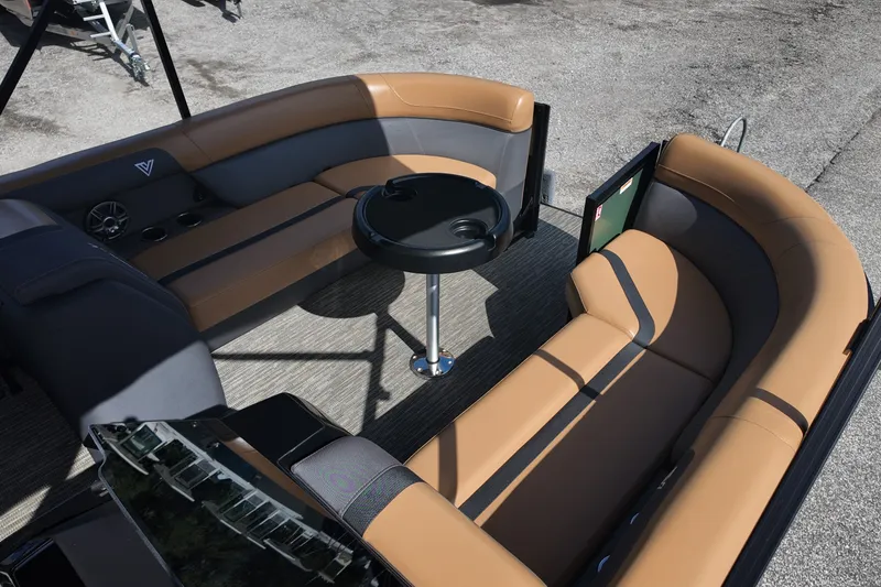 Slide: The Image of Luxurious interior of 2027 Viaggio X22S boat with tan seating and central table. - 5