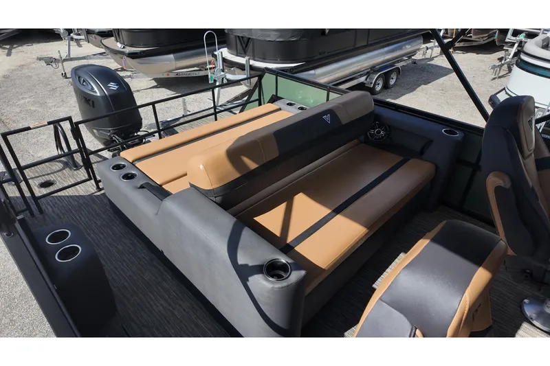 Slide: The Image of Luxurious seating on 2027 Viaggio X22S boat with modern design and cup holders. - 17