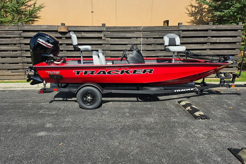 The Image of 2027 Tracker Pro Team 175 boat in vibrant red, parked on a trailer. - 0