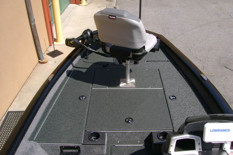 Slide: The Image of 2027 Tracker Pro Team 175 boat deck with seating and Lowrance equipment. - 13