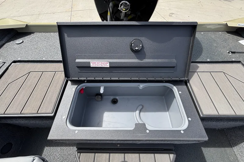 Slide: The Image of 2027 Tracker Pro Guide V-175 Combo boat livewell with pump-out feature, open lid view. - 20