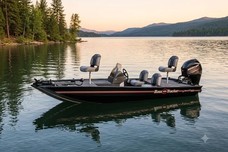 The Image of 2027 Tracker Pro Team 175 boat on serene lake at sunset, surrounded by forested hills. - 0