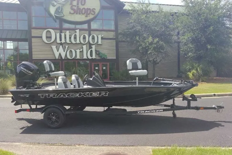 The Image of 2027 Tracker Pro Team 175 boat displayed outside Outdoor World store. - 0