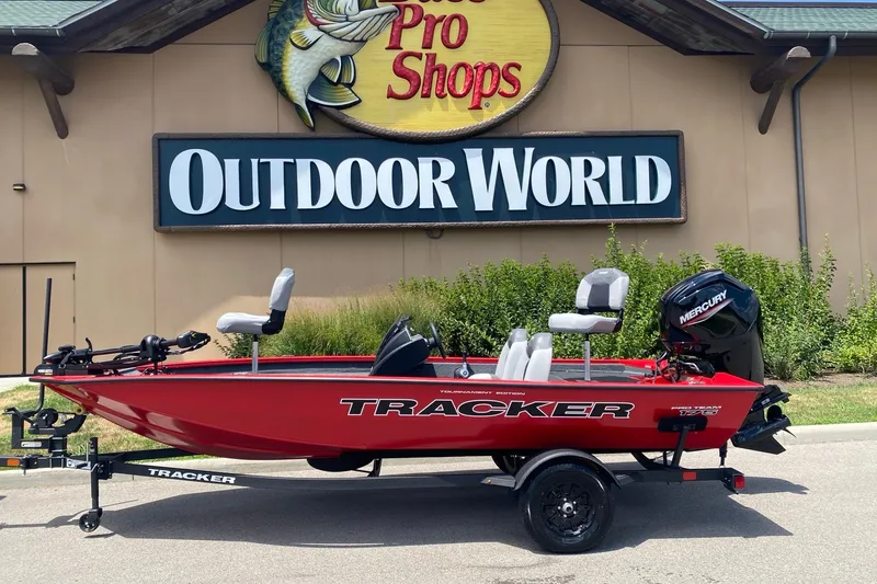 The Image of 2027 Tracker Pro Team 175 boat displayed outside Bass Pro Shops Outdoor World. - 0