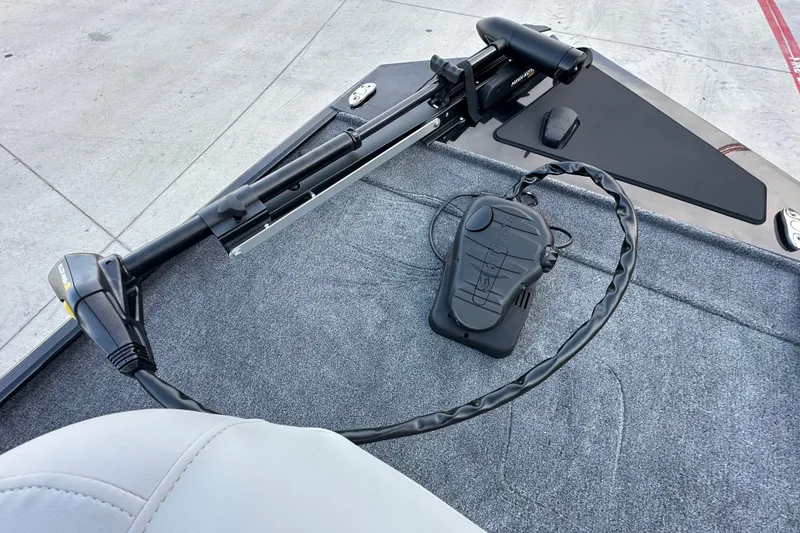 Slide: The Image of 2027 Tracker Bass Tracker Classic XL boat deck with trolling motor and foot pedal. - 61