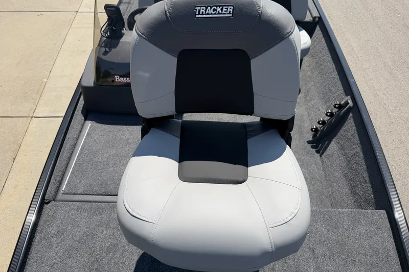 Slide: The Image of 2027 Tracker Bass Tracker Classic XL boat seat with gray and black upholstery. - 13