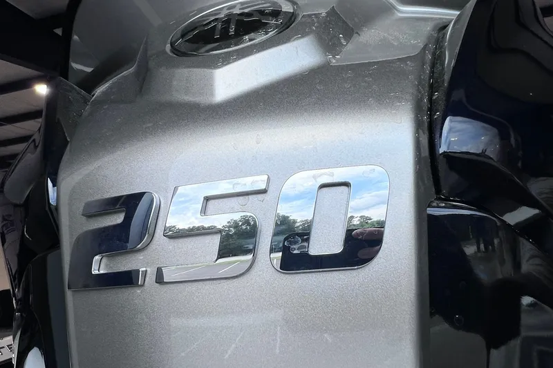 Slide: The Image of Close-up of Skeeter FXR20 2026 model with '250' emblem on metallic surface. - 21