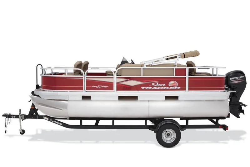 Slide: The Image of 2018 Sun Tracker Bass Buggy 18 DLX pontoon boat with red hull and trailer. - 15