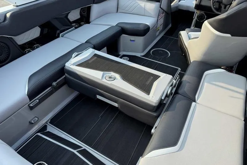 Slide: The Image of Luxurious interior of 2027 Supra R225 boat with modern seating and sleek design. - 1