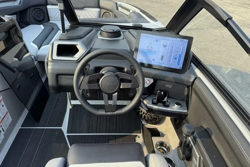 Slide: The Image of Futuristic 2027 Supra R225 boat dashboard with touchscreen and modern steering wheel. - 13
