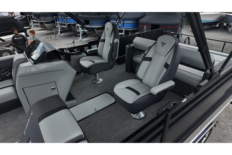 Slide: The Image of 2027 Viaggio X22S boat interior with modern seating and sleek design. - 8