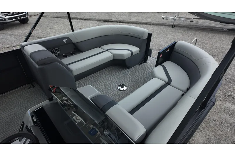 Slide: The Image of Luxurious interior of 2027 Viaggio X22S pontoon boat with sleek gray seating. - 5