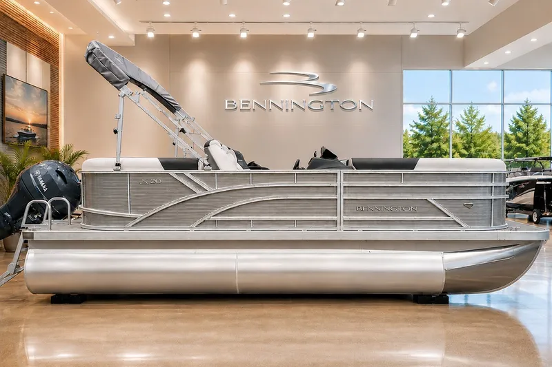 The Image of 2026 Bennington S 20 SSR pontoon boat displayed in a showroom setting. - 0
